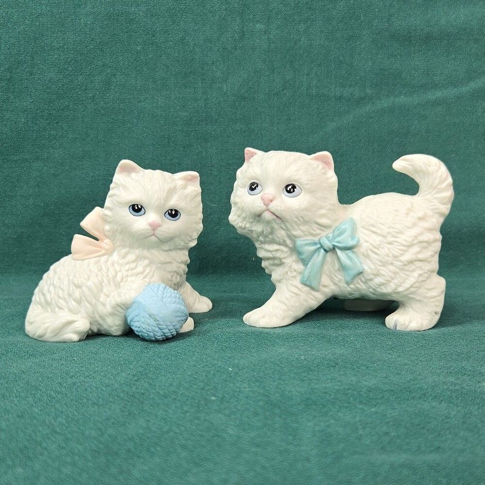 Vintage HOMCO #1410 White Cat Kitten Figurines Set of 2 Crazy Cat Lady Cat Lover